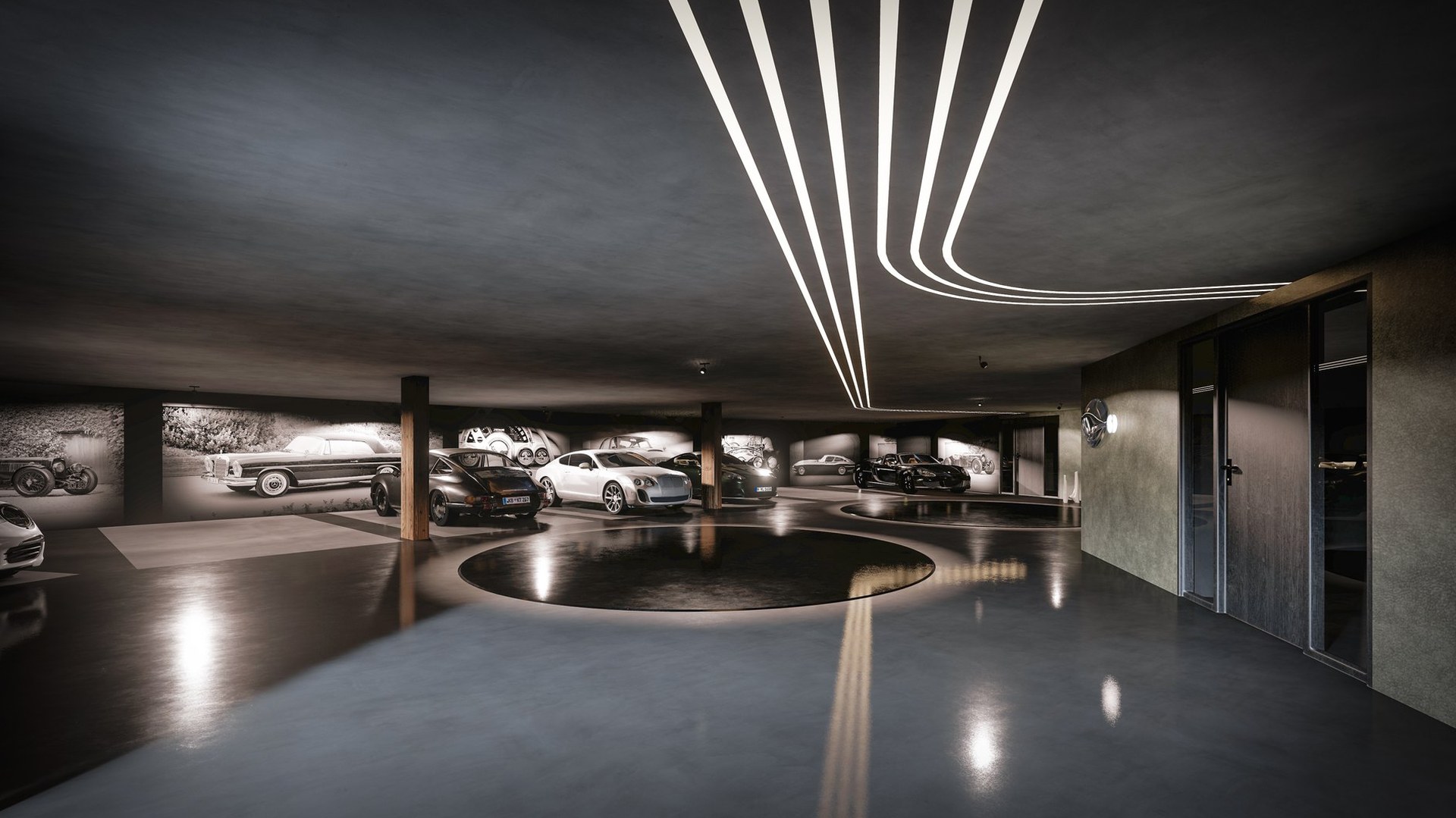 Tiefgarage im Projekt Novalie mit Lichtlinien an der Decke